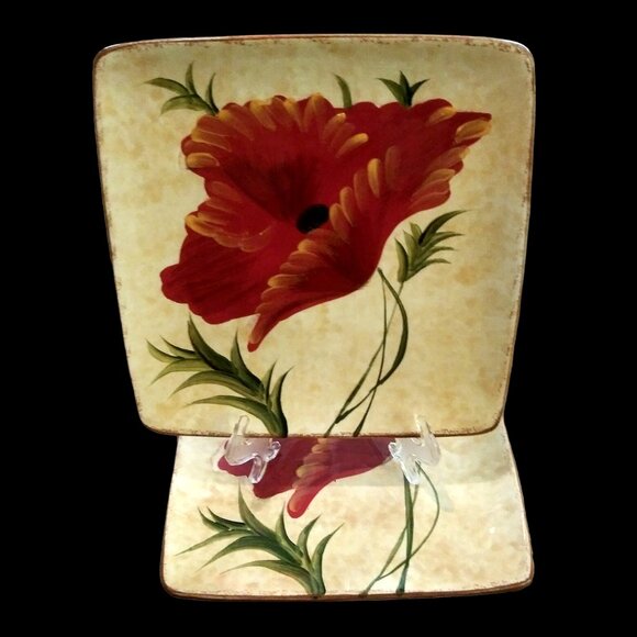 Pier 1 Square Poppies Salad Plate, Cottagecore Plate, Hand Painted Server Plate - Picture 4 of 11